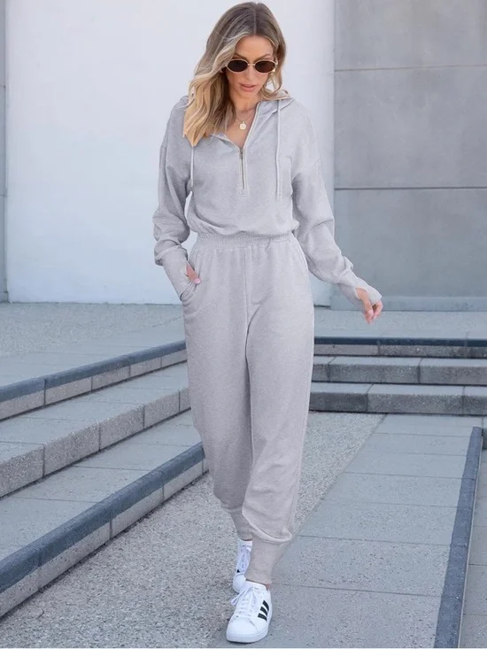 Casual Zip Up One Piece gray Romper Jumpsuit with Pockets - Picture 4 of 11
